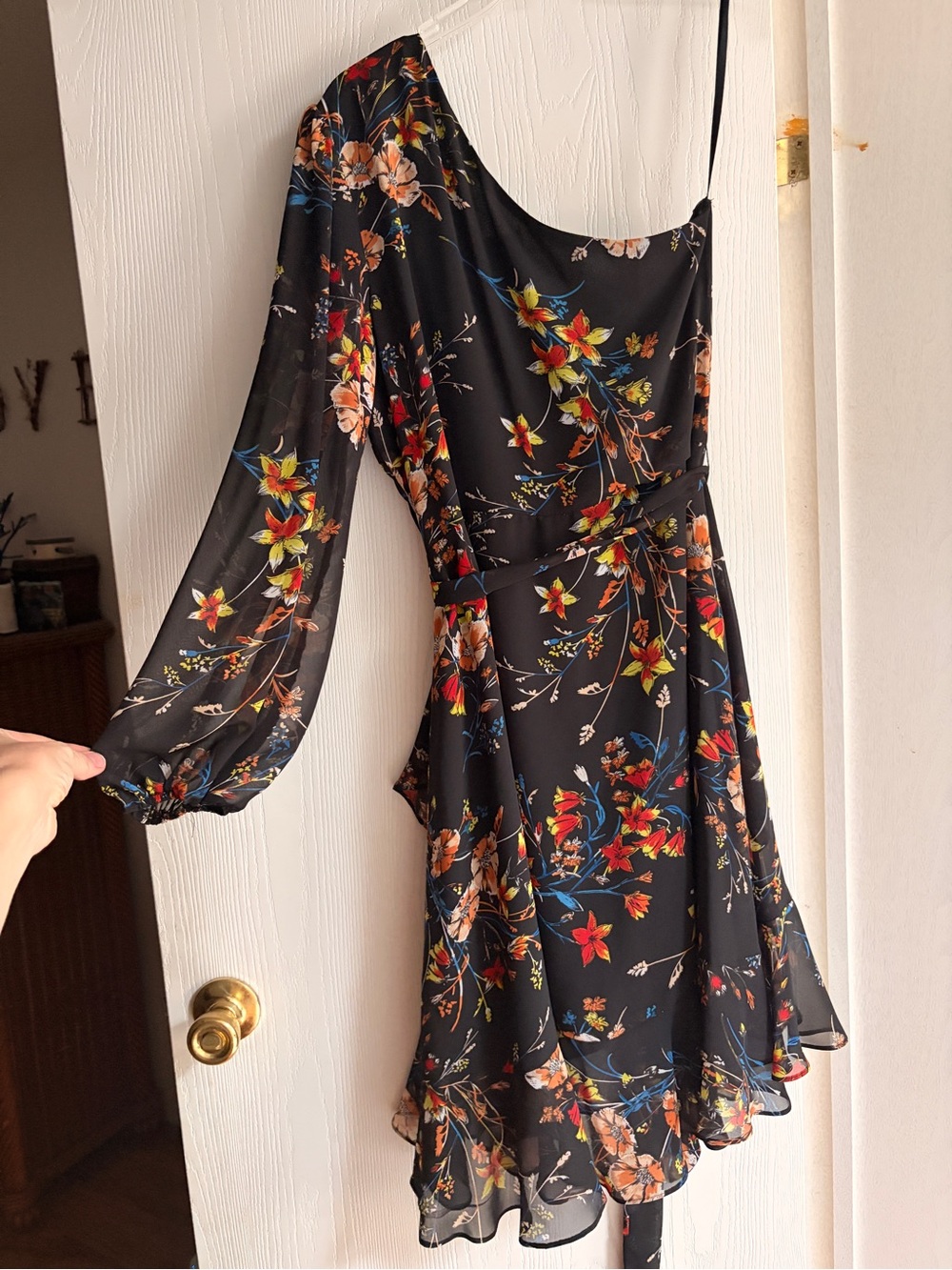 One-Shoulder Black Floral Chiffon Dress-Never been worn.
